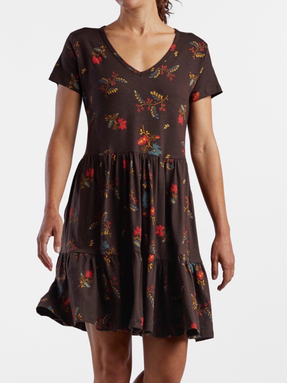 Toad&Co Dark Brown Floral V-Neck Tiered Short Sleeve Tunic - Picture 2 of 5